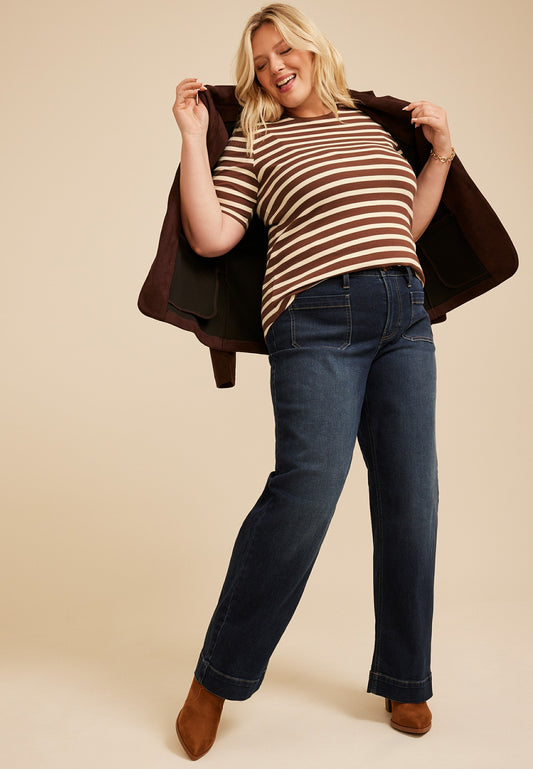 Plus Size 24/7 Striped Ribbed Elbow Sleeve Tee