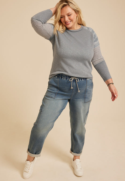 Plus Size Camo Colorblock Ribbed Long Sleeve Tee