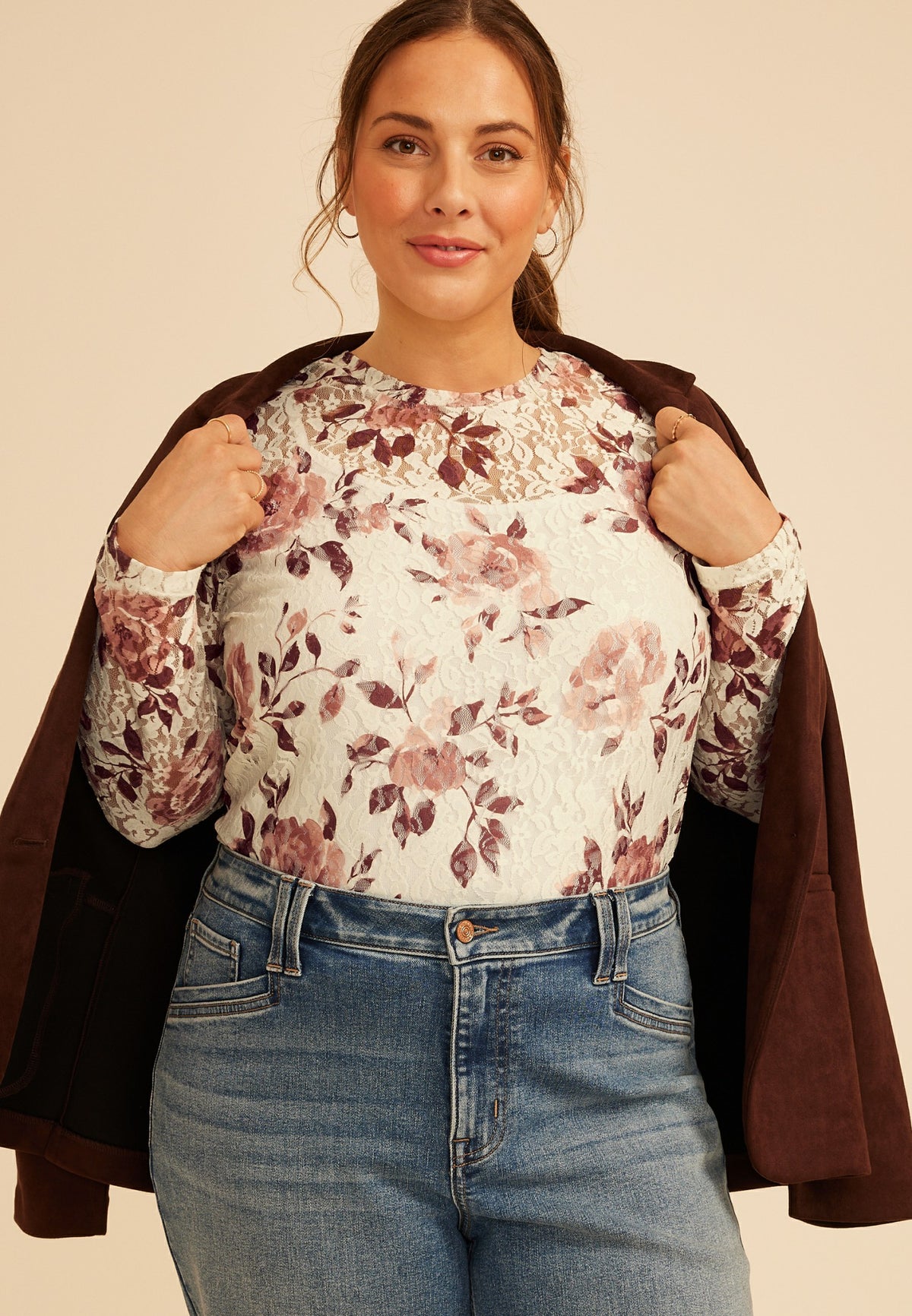 Plus Size Floral Printed Lace Long Sleeve Top