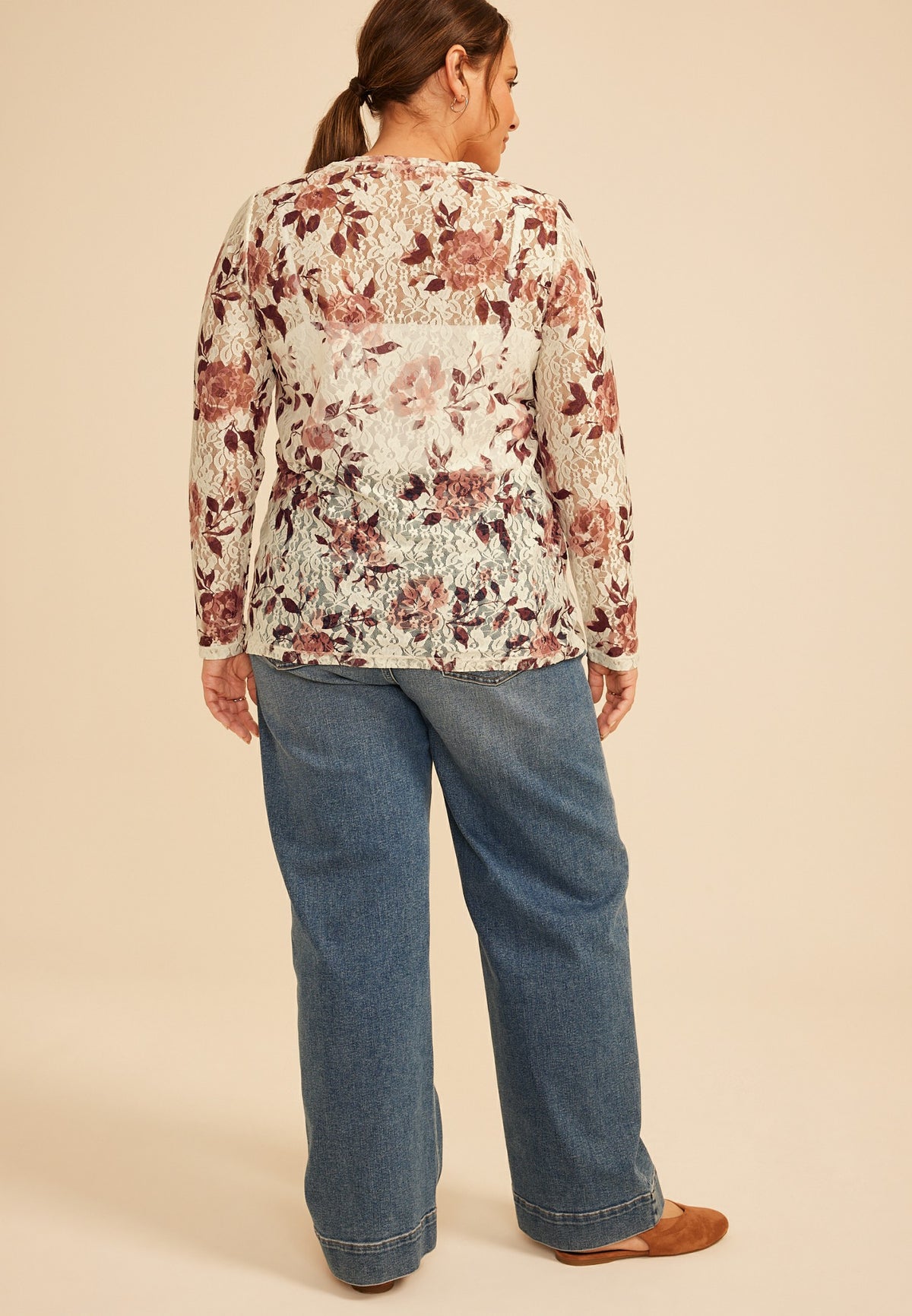 Plus Size Floral Printed Lace Long Sleeve Top
