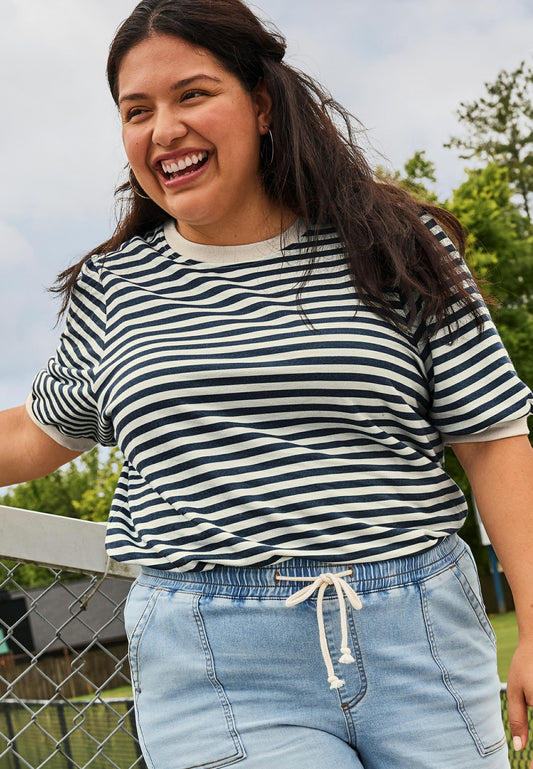 Plus Size French Terry Striped Puff Sleeve Top