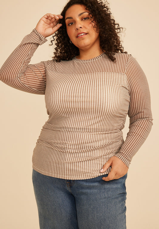 Plus Size Gingham Mesh Long Sleeve Top