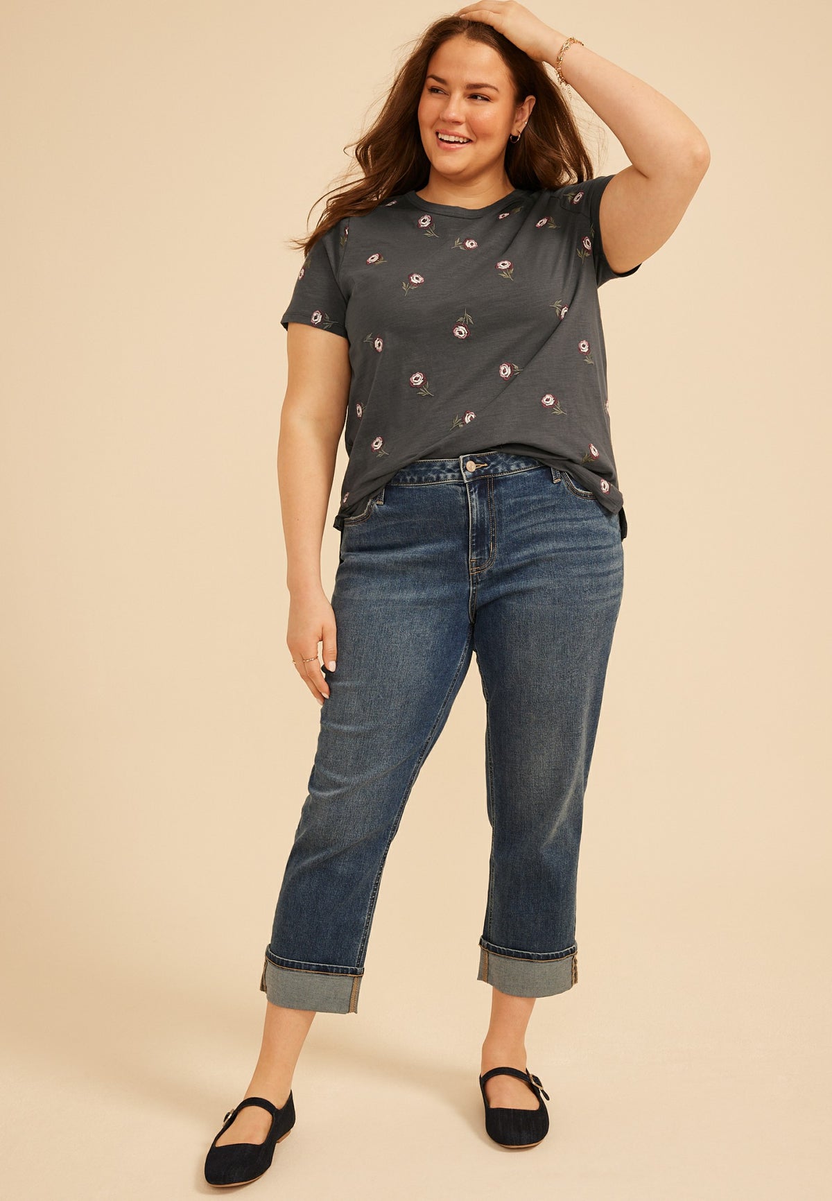 Plus Size 24/7 Dawson Embroidered Rose Crew Neck Tee