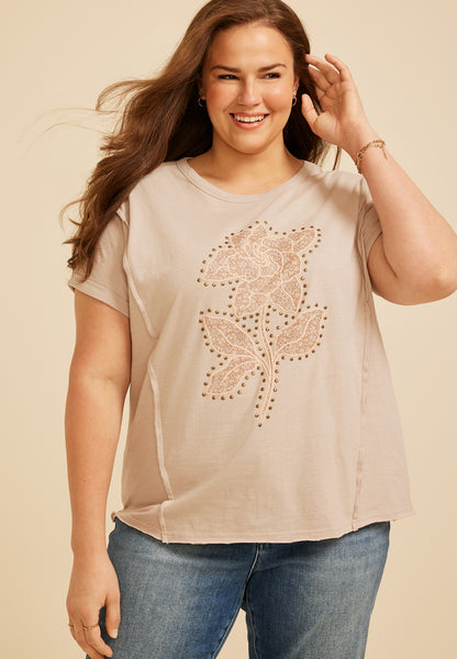 Plus Size Floral Studded Relaxed Fit Graphic Tee