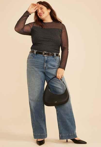 Plus Size Polka Dot Mesh Long Sleeve Top