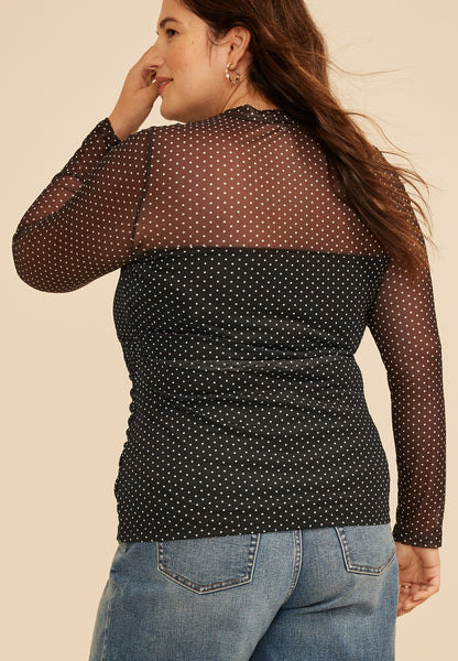 Plus Size Polka Dot Mesh Long Sleeve Top