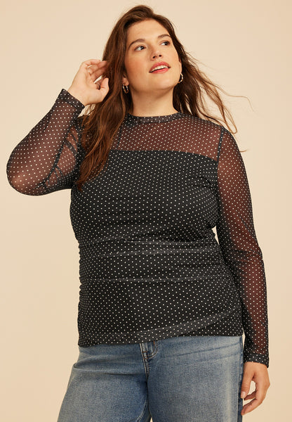 Plus Size Polka Dot Mesh Long Sleeve Top