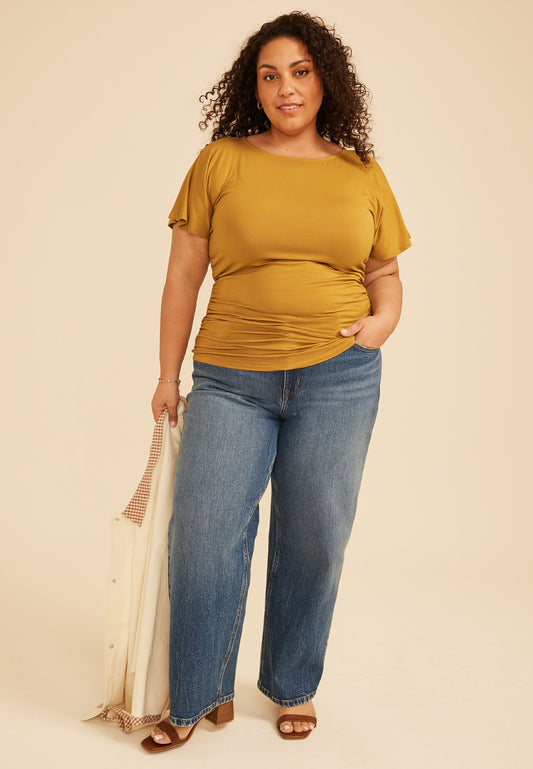Plus Size Ruched Side Flutter Sleeve Top