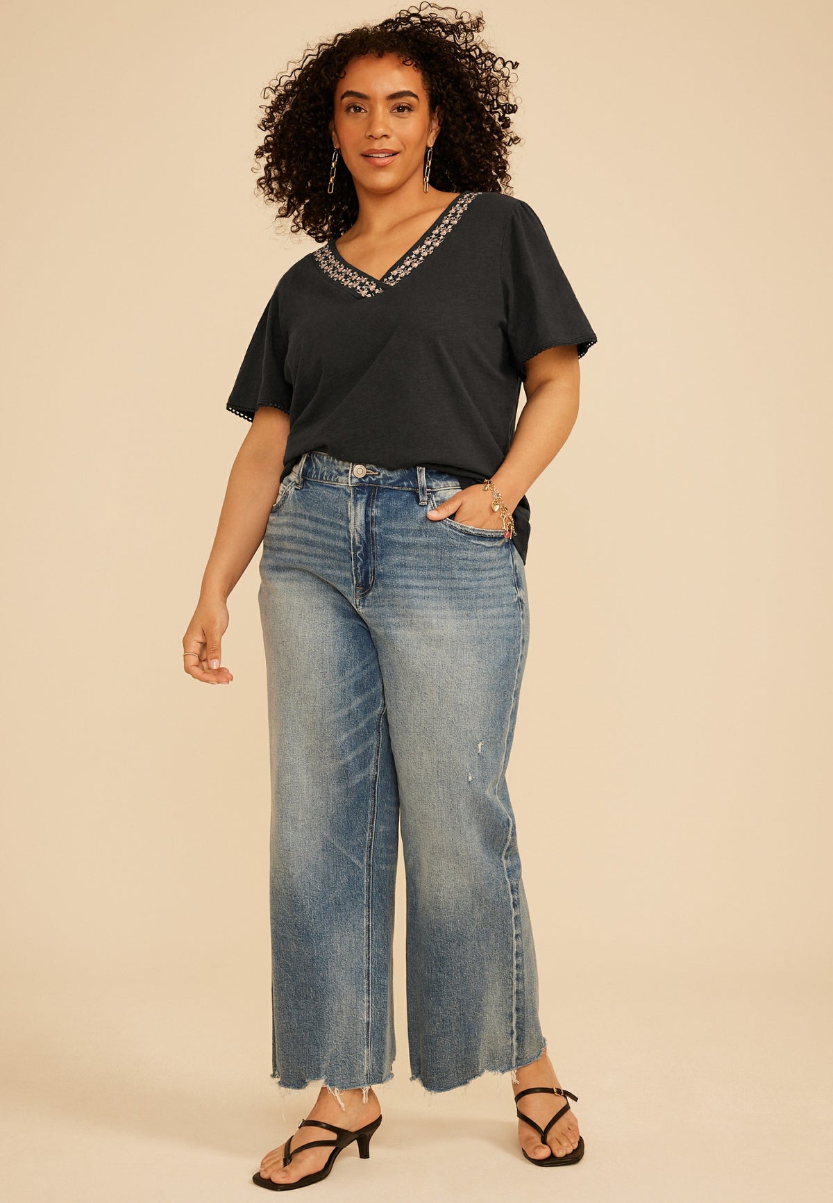 Plus Size Floral Embroidered V Neck Blouse