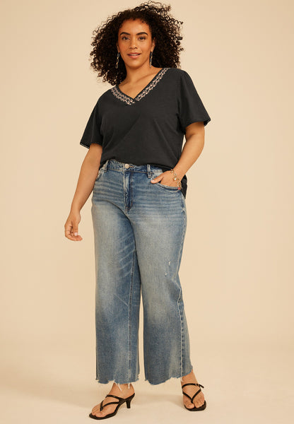 Plus Size Floral Embroidered V Neck Blouse