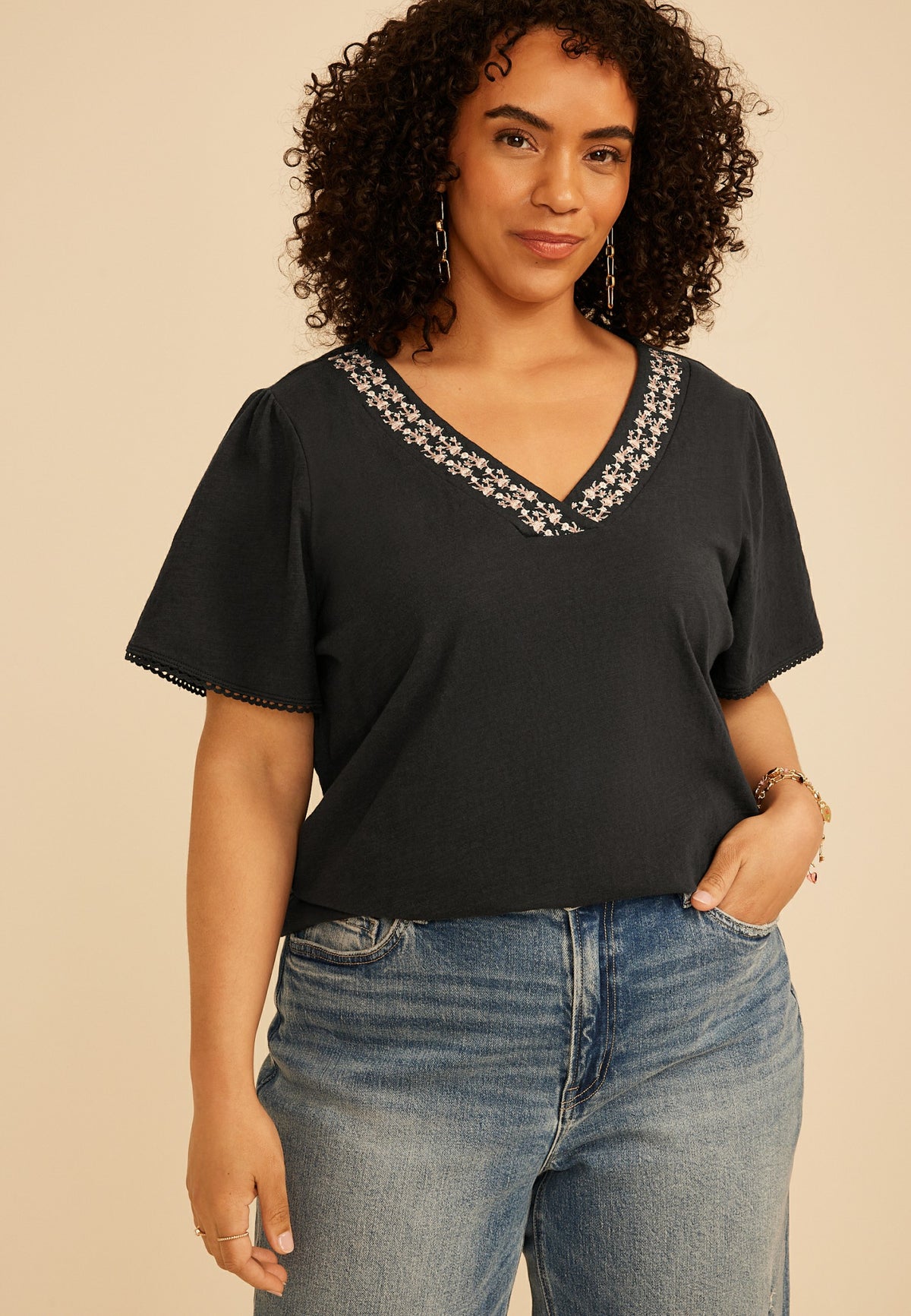 Plus Size Floral Embroidered V Neck Blouse