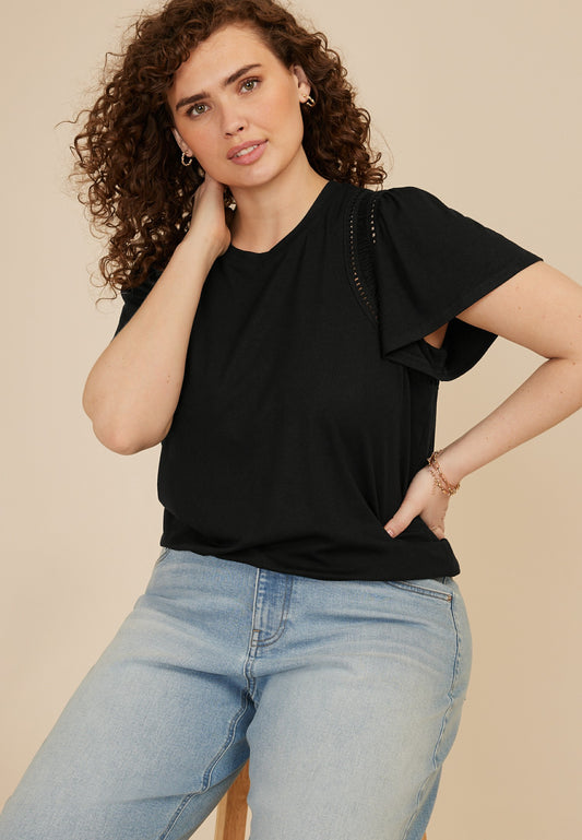 Plus Size Lattice Trim Flutter Sleeve Tee