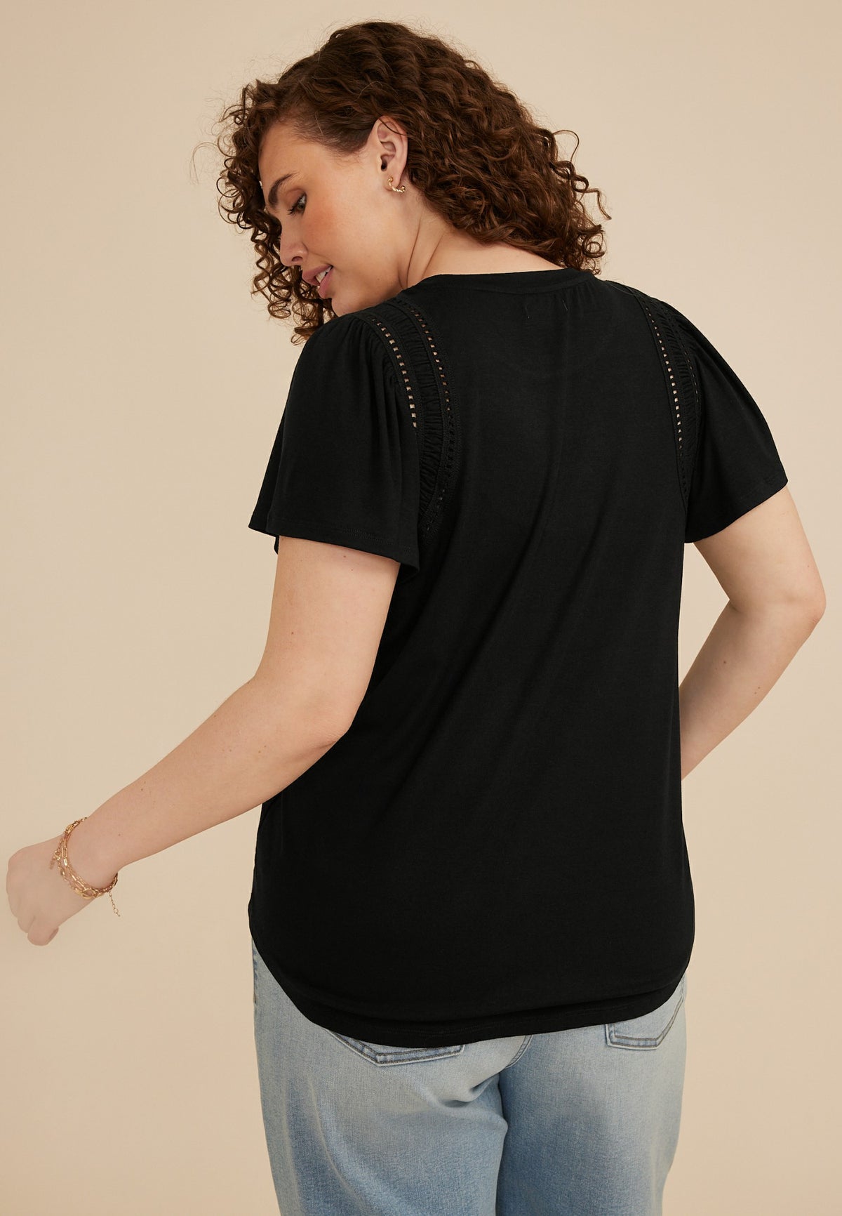 Plus Size Lattice Trim Flutter Sleeve Tee
