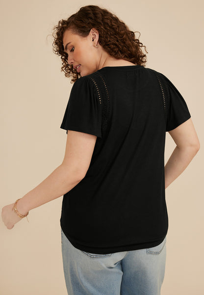 Plus Size Lattice Trim Flutter Sleeve Tee