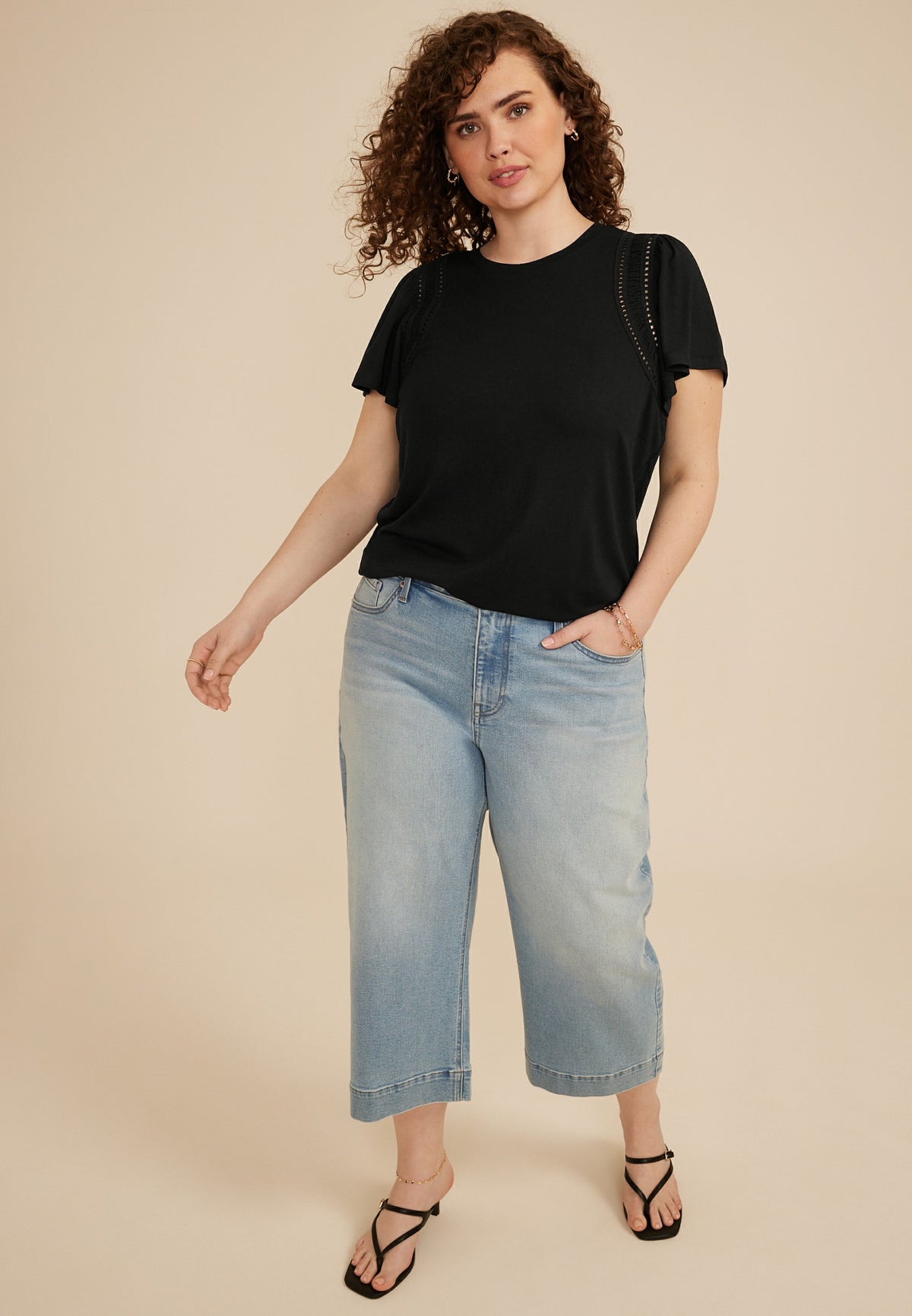 Plus Size Lattice Trim Flutter Sleeve Tee