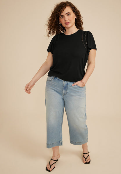 Plus Size Lattice Trim Flutter Sleeve Tee