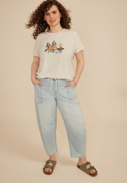 Plus Size Embroidered Camp Scene Classic Fit Graphic Tee