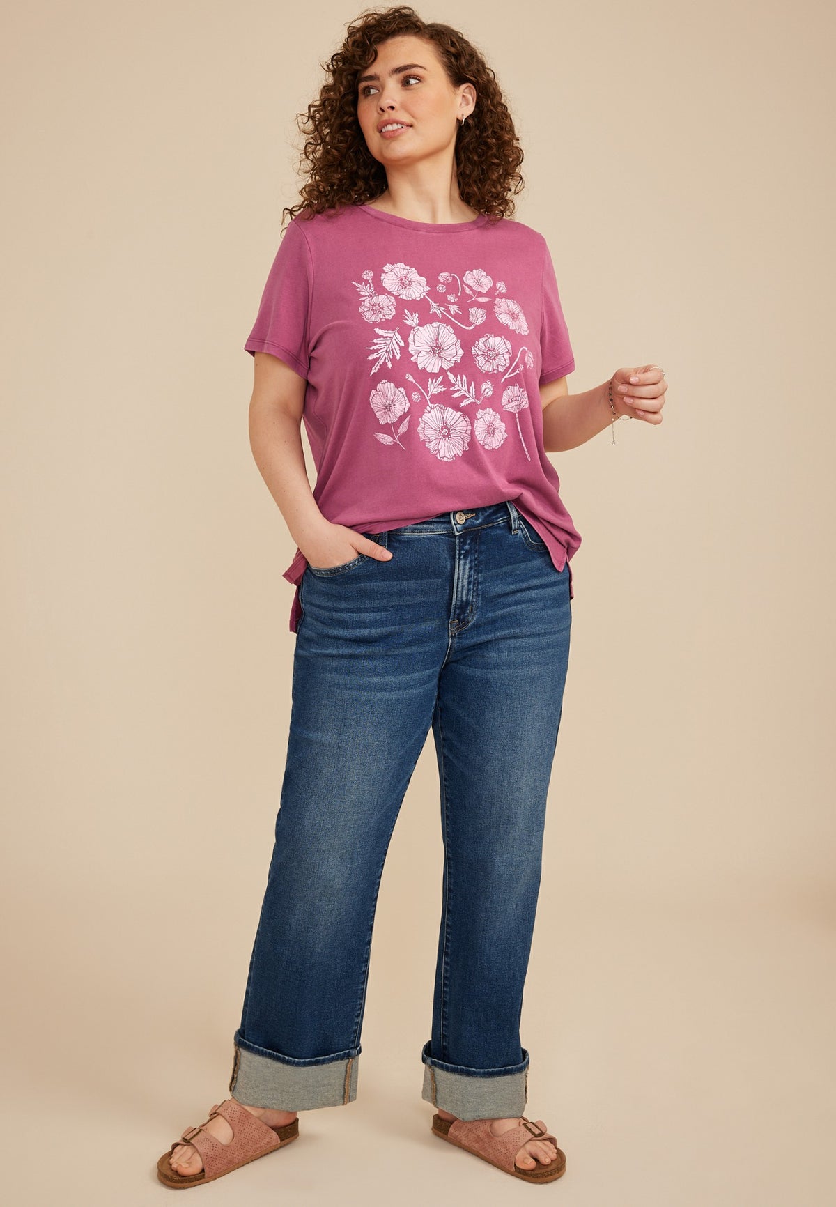 Plus Size Rhinestone Floral Classic Fit Graphic Tee