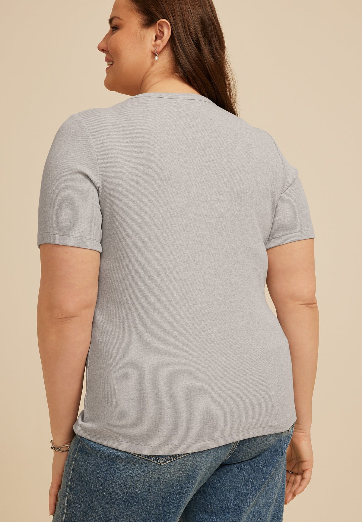 Plus Size Heather Gray Ribbed Button Front Short Sleeve Tee