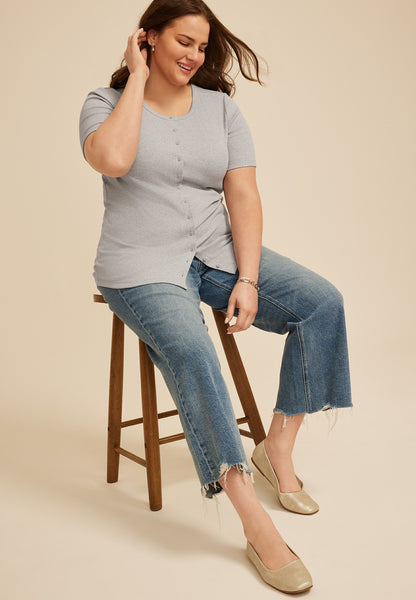 Plus Size Heather Gray Ribbed Button Front Short Sleeve Tee