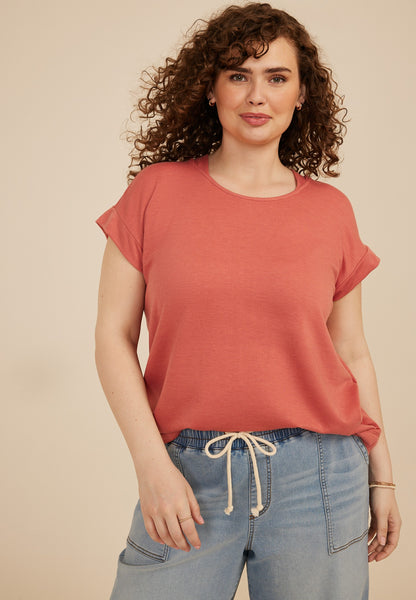 Plus Size French Terry Short Sleeve Hooded Top