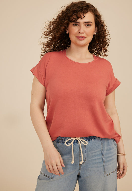 Plus Size French Terry Short Sleeve Hooded Top