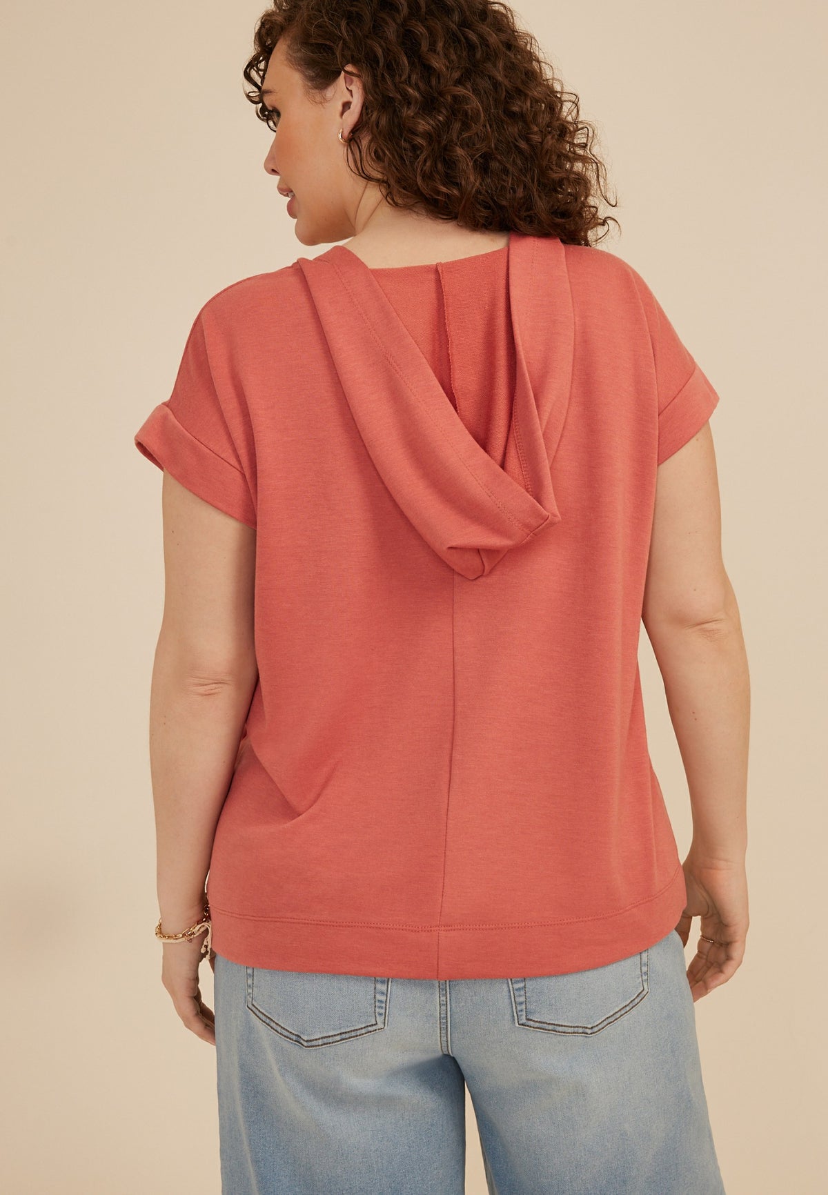 Plus Size French Terry Short Sleeve Hooded Top