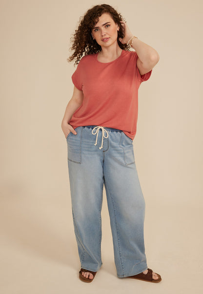 Plus Size French Terry Short Sleeve Hooded Top