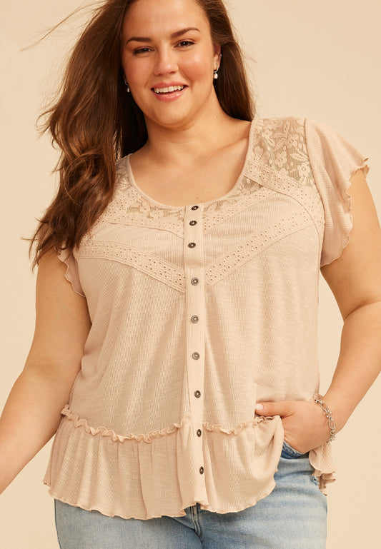 Plus Size Lace Trim Button Front Top