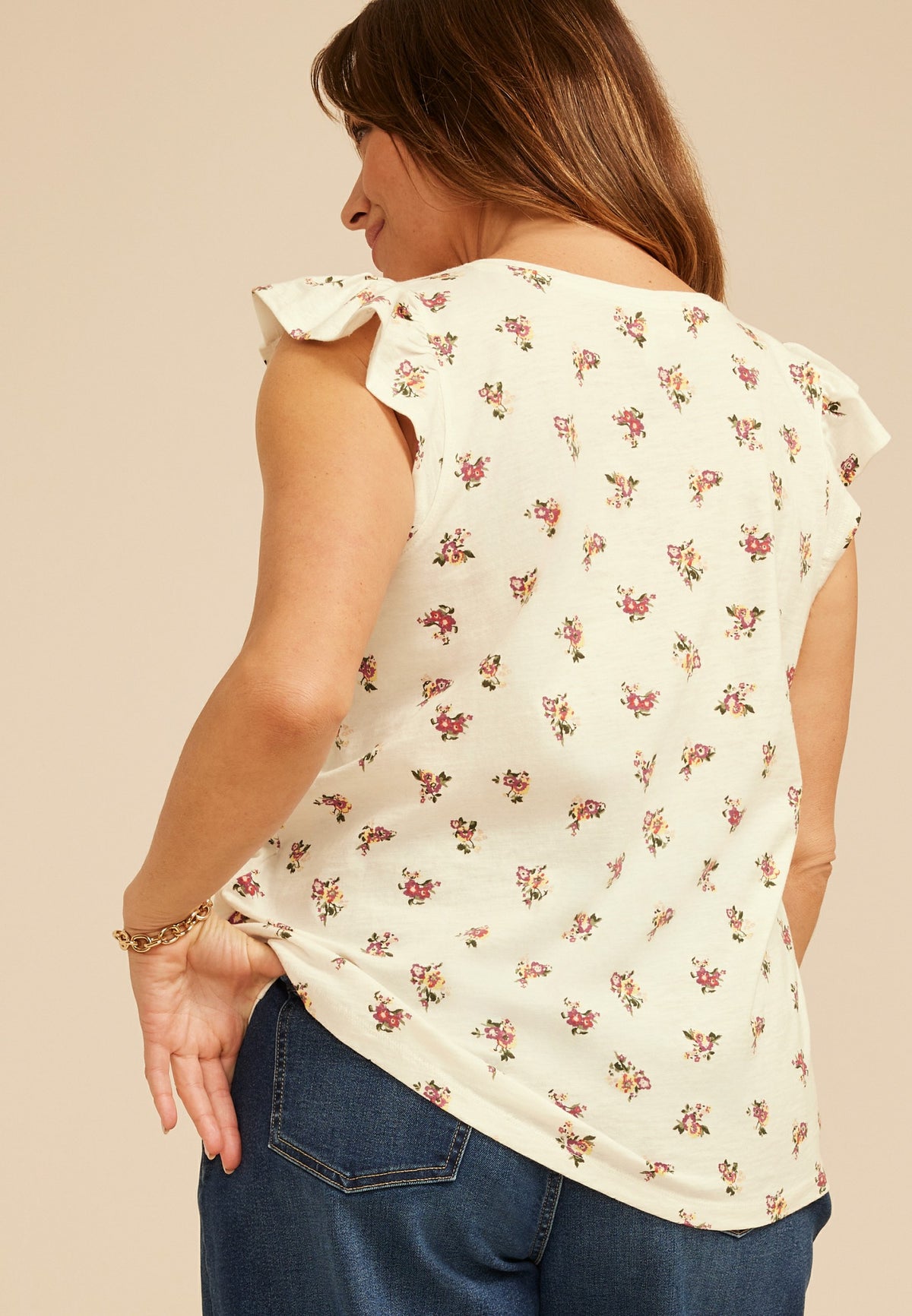Plus Size Floral V Neck Flutter Sleeve Tee