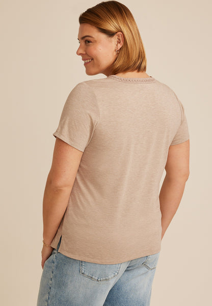 Plus Size Crochet Trim V Neck Tee