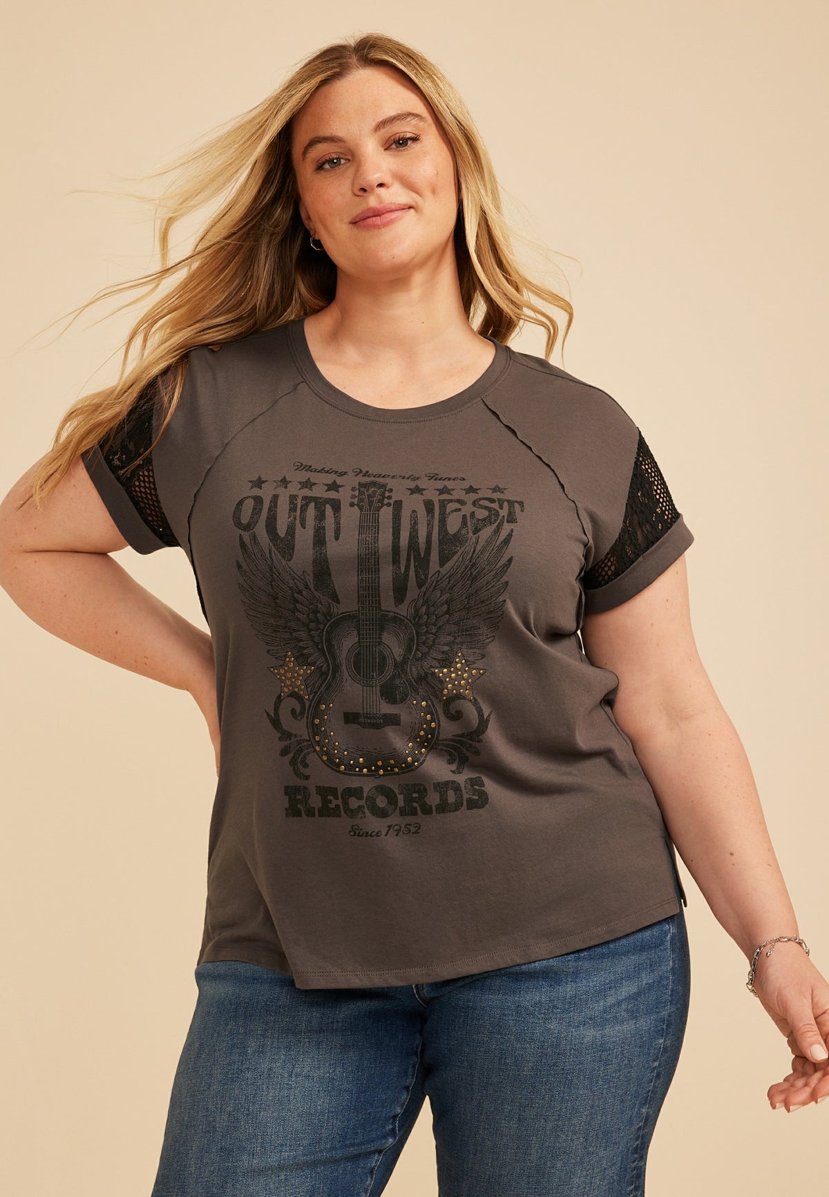 Plus Size Studded Out West Records Classic Fit Graphic Tee