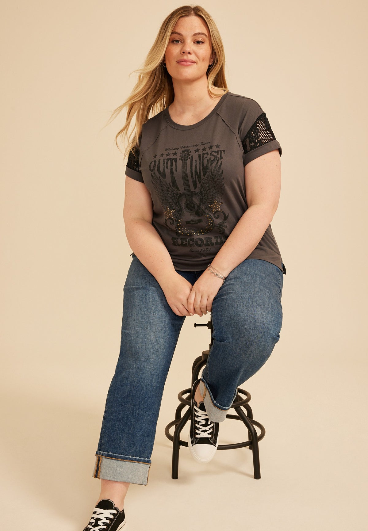 Plus Size Studded Out West Records Classic Fit Graphic Tee