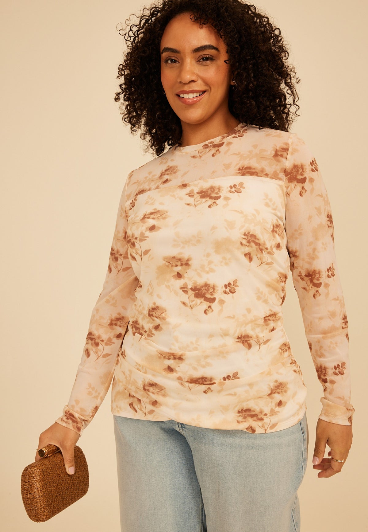 Plus Size Floral Mesh Long Sleeve Top