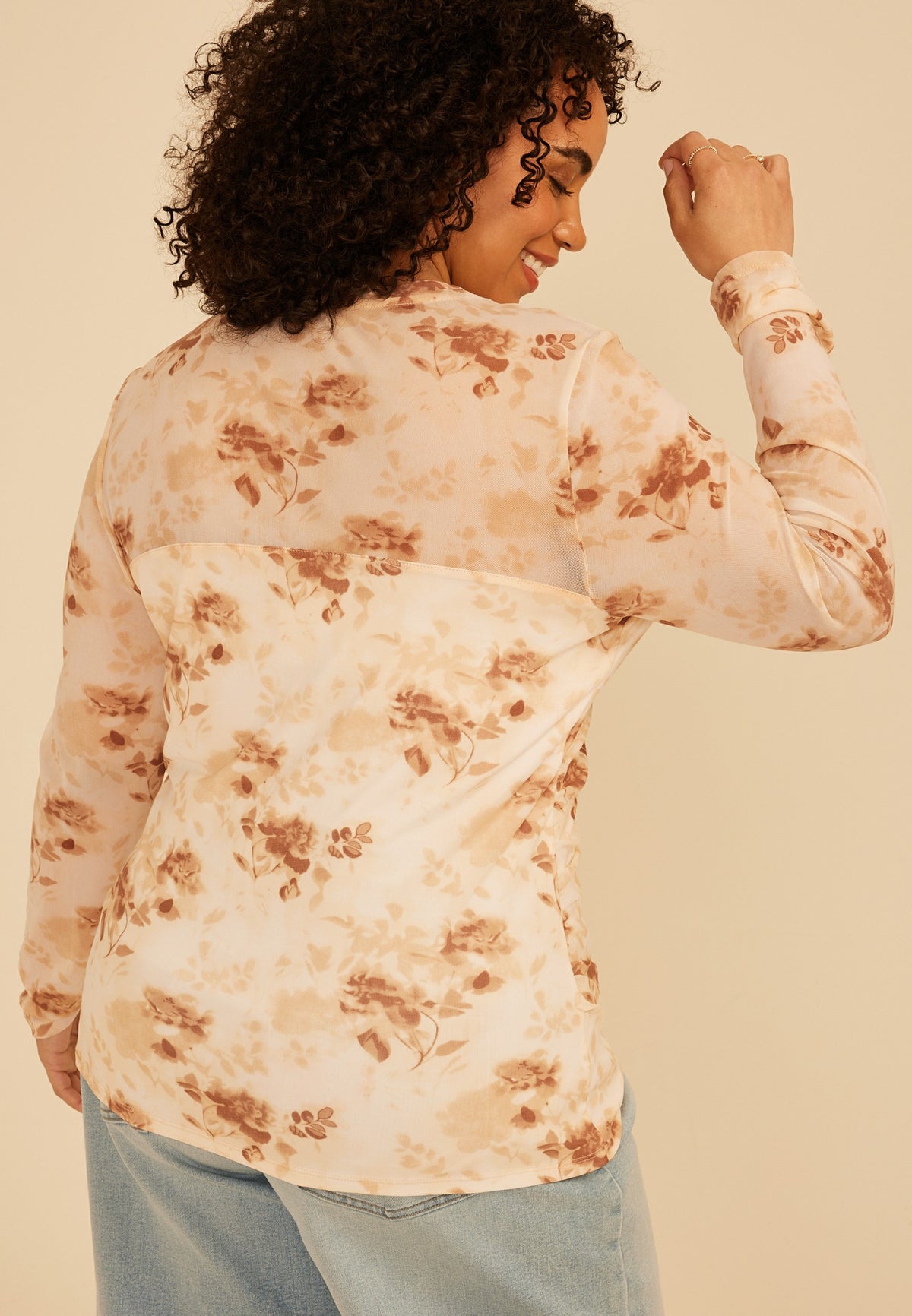 Plus Size Floral Mesh Long Sleeve Top