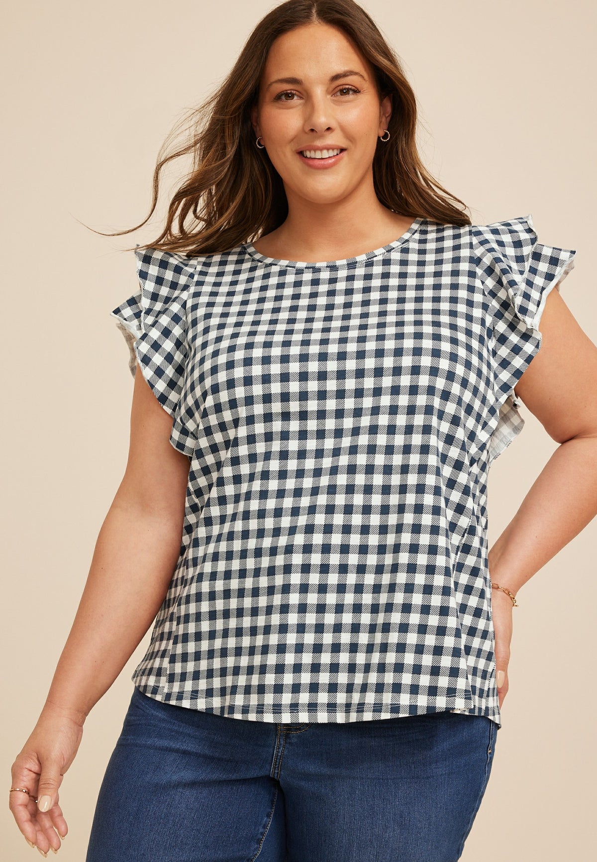 Plus Size 24/7 Gingham Double Flutter Sleeve Tee