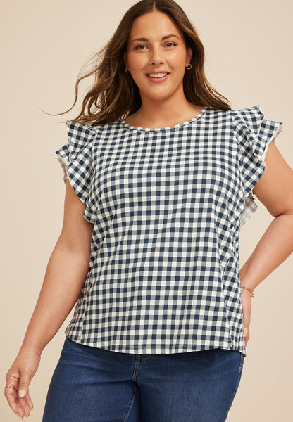 Plus Size 24/7 Gingham Double Flutter Sleeve Tee