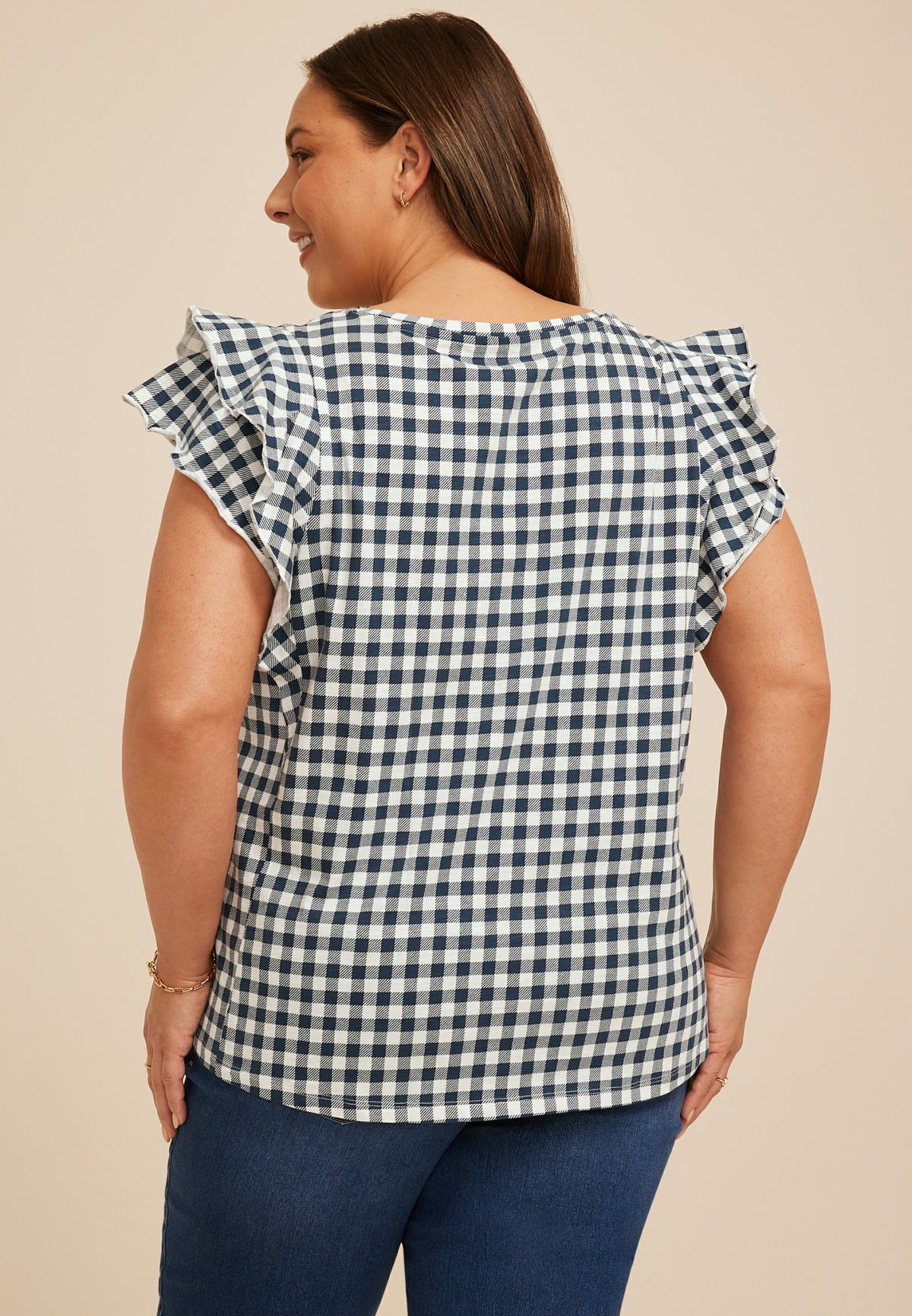 Plus Size 24/7 Gingham Double Flutter Sleeve Tee