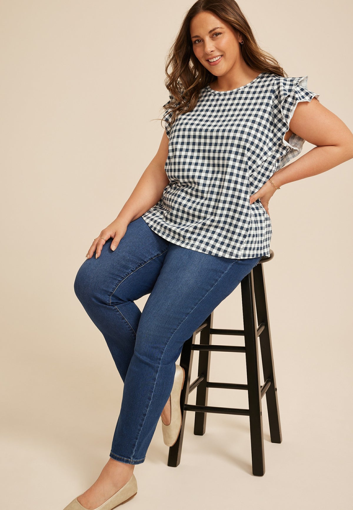 Plus Size 24/7 Gingham Double Flutter Sleeve Tee