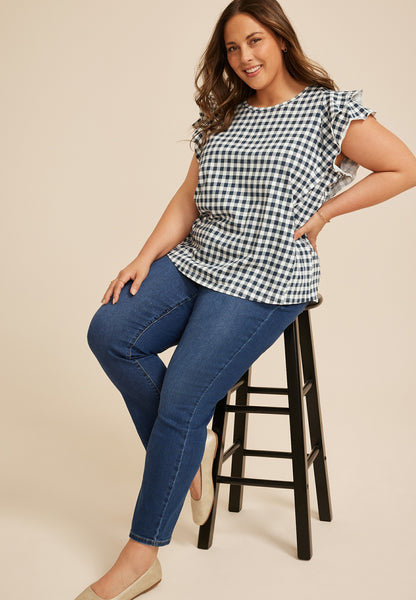 Plus Size 24/7 Gingham Double Flutter Sleeve Tee
