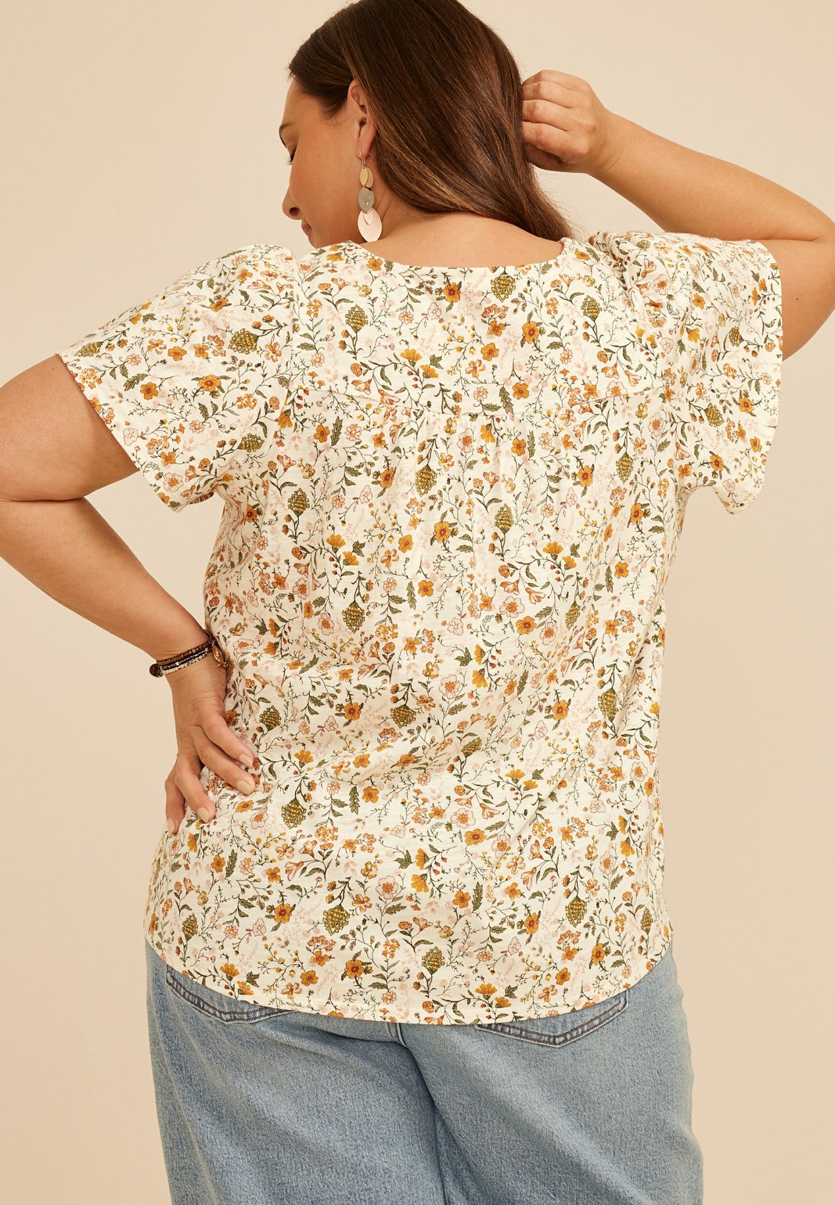 Plus Size Floral Ruffle Trim Henley Top