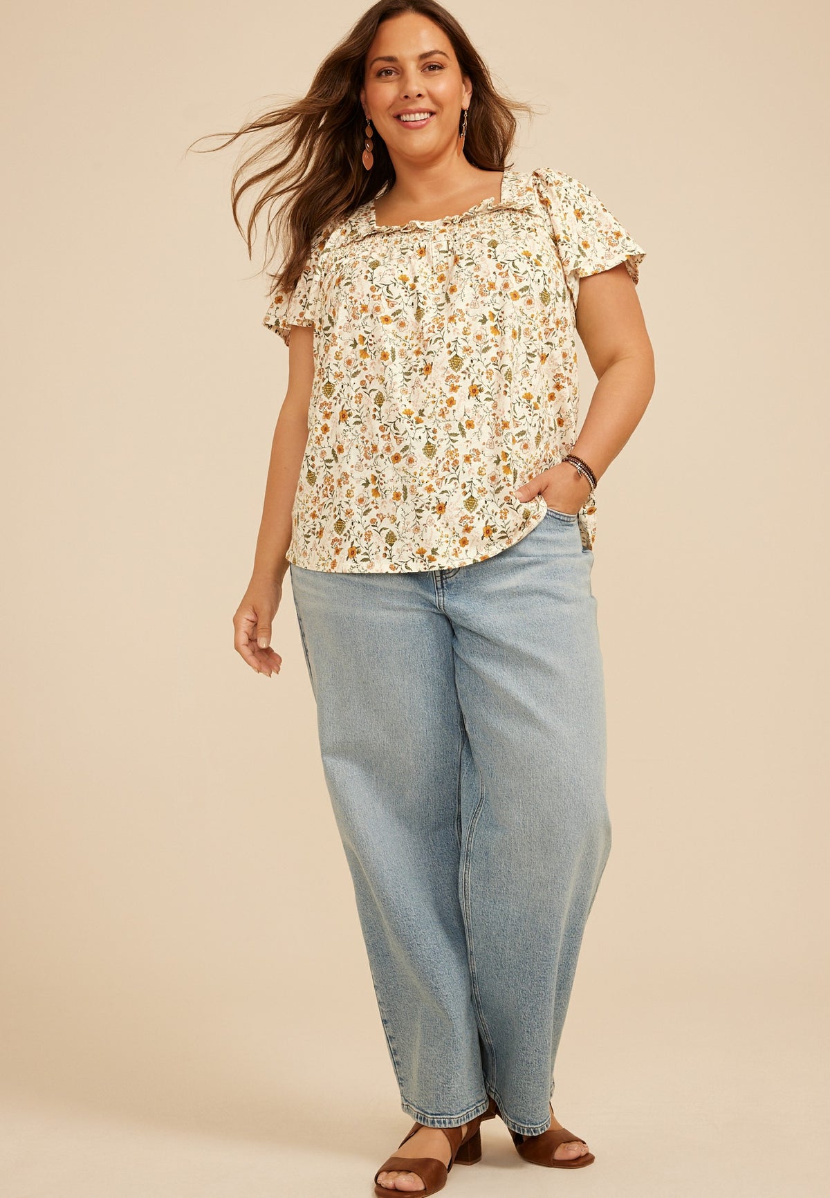 Plus Size Floral Ruffle Trim Henley Top