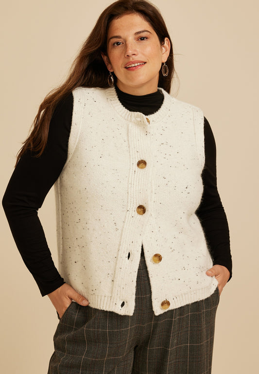 Plus Size Speckled Button Front Sweater Vest