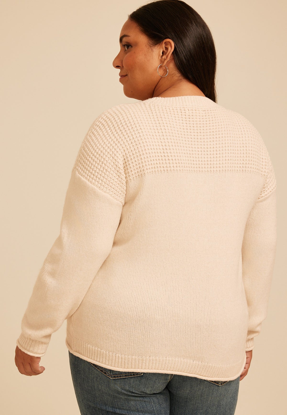 Plus Size Waffle Yoke Crew Neck Sweater