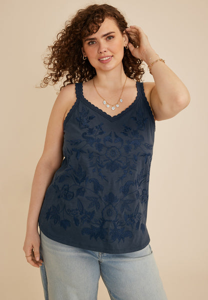 Plus Size Embroidered Scalloped Trim Tank Top
