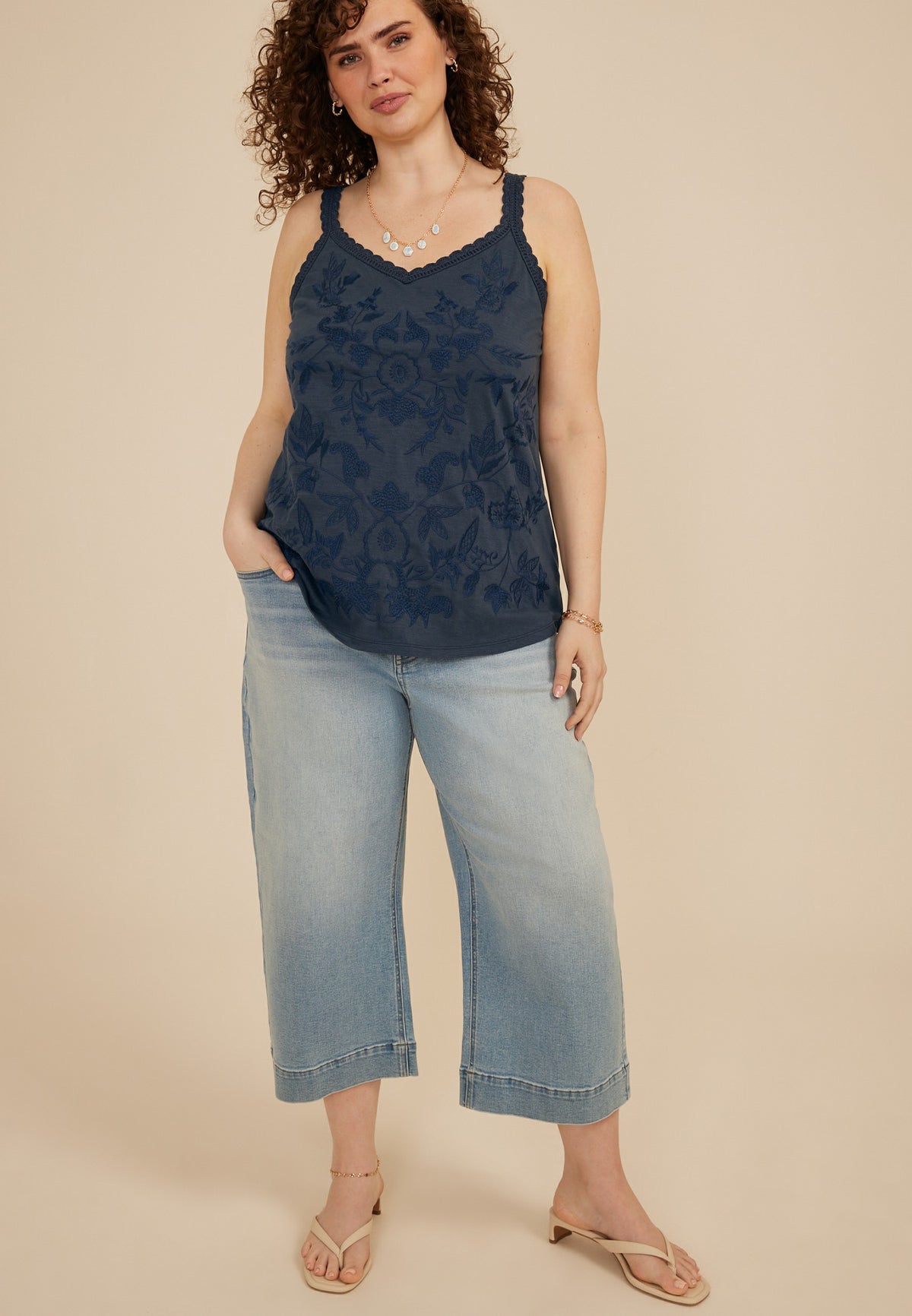 Plus Size Embroidered Scalloped Trim Tank Top