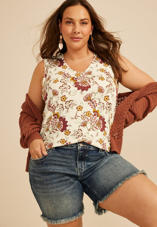 Plus Size Floral Print Ruffle Trim V Neck Tank Top