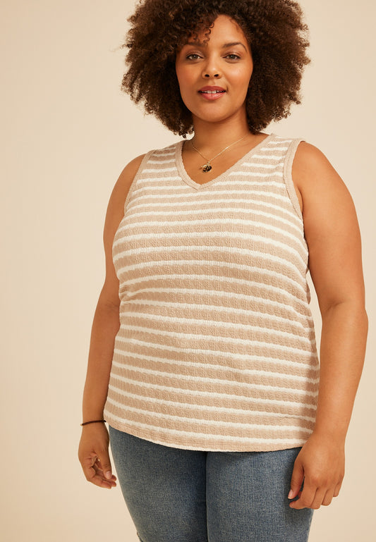 Plus Size Neutral Striped Jacquard V Neck Tank Top