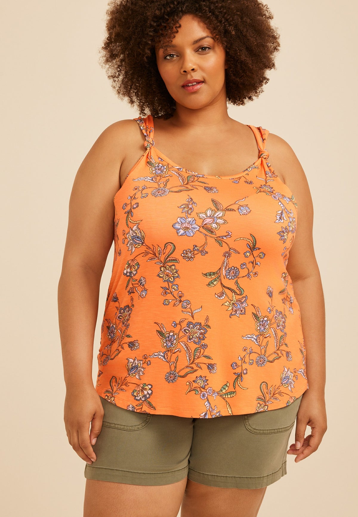Plus Size Floral Knot Strap Tank Top
