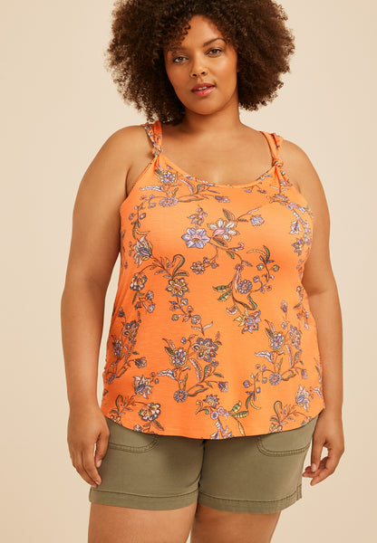 Plus Size Floral Knot Strap Tank Top